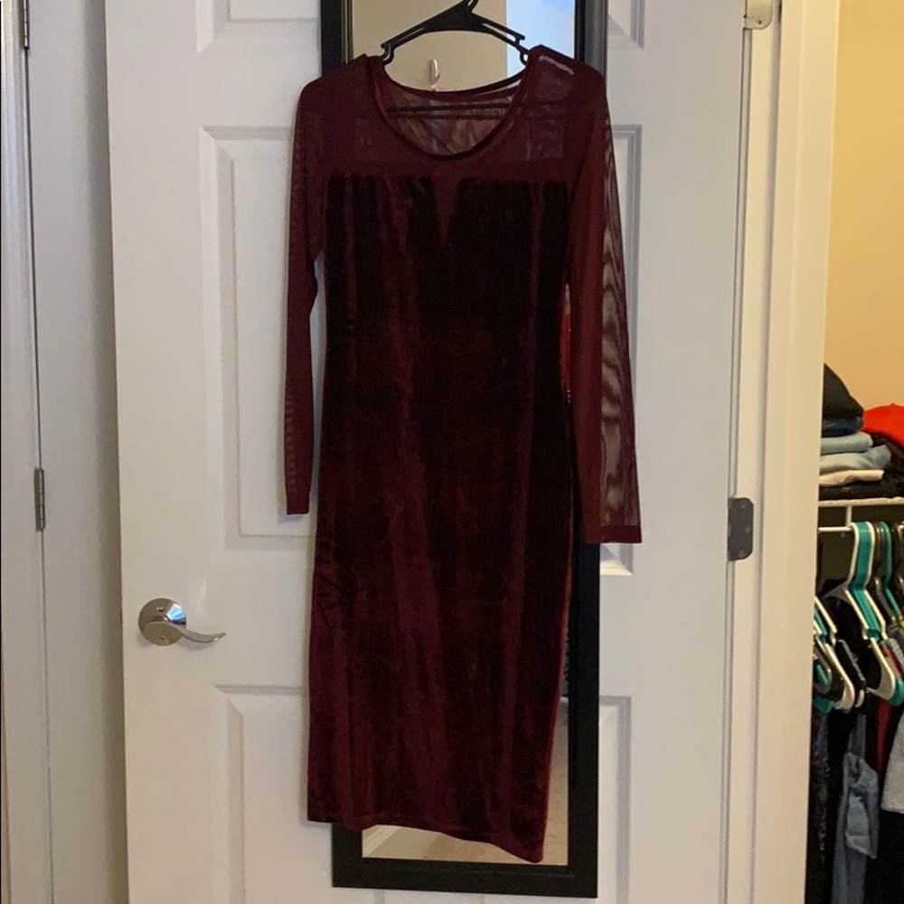 QED London ankle length red velvet dress .